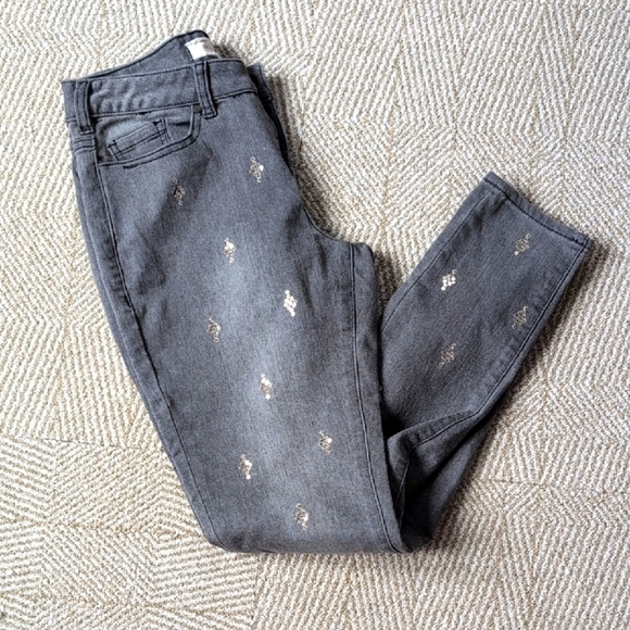 Sundance Denim - Sundance Dark Gray Gold Sequin Primrose Skinny Denim Stretch Midrise Jeans Sz 27
